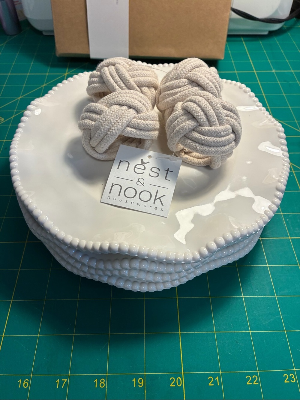 Nest & Nook White Beaded Plates with Rope Napkin Rings